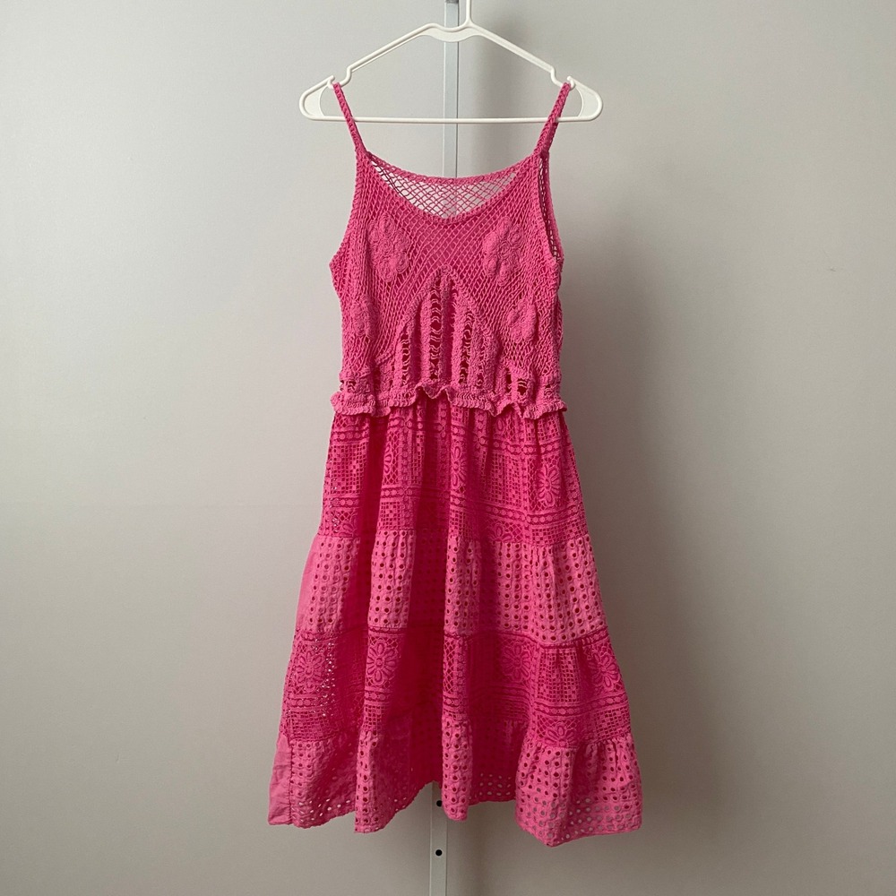 Fairy Cotton Boho Beachy Crochet Eyelet Tiered Midi Dress Pink